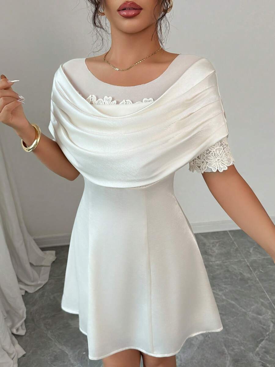 Elenzga Women's Elegant Delicate Wealthy Lady Style, Solid Color Draped Neck Mini Dress, Suitable For Evening Banquet, Party, Luxury Formal Wear - Apricot - View 1