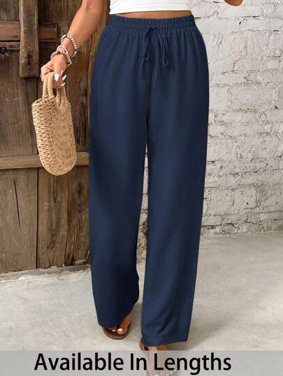 SHEIN PETITE CURVE Plus Size Women's Solid Color Straight Elastic Waist Drawstring Casual Pants
