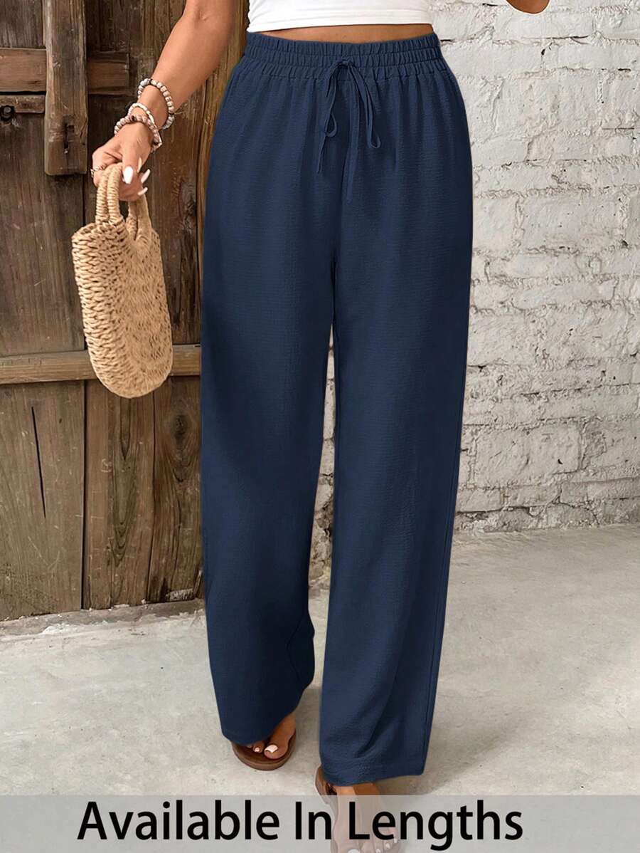 SHEIN PETITE CURVE Plus Size Women's Solid Color Straight Elastic Waist Drawstring Casual Pants - Navy Blue - View 1