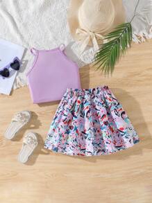 少女针织背心印花裙两件套，适合日常通勤、外出，展现活力可爱风 - 紫色 - 查看 2