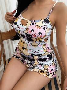 Set de 2 piezas de pijama con diseño lindo de gato de dibujos animados para mujeres