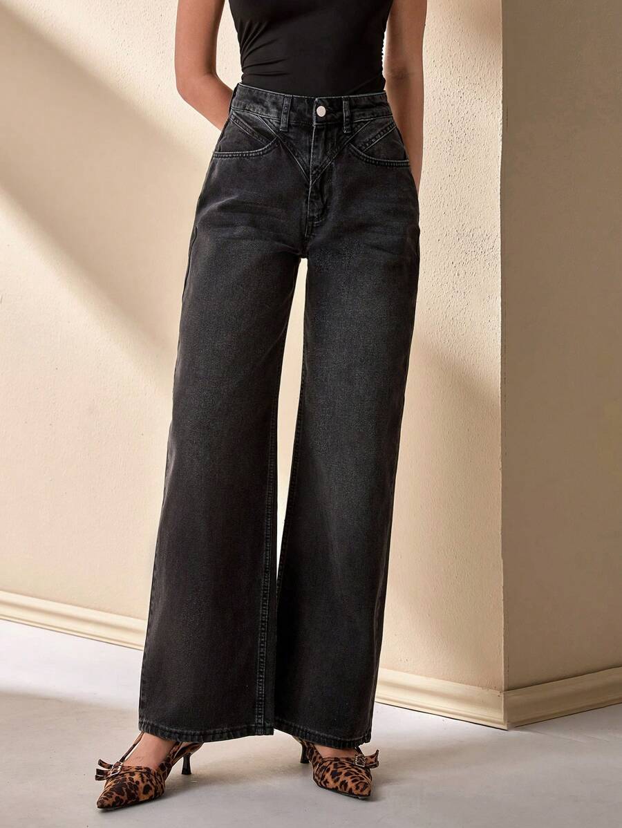 CLARA VERO RueChic 100% Baumwolle HIGH RISE WEITES BEIN SCHNITT MIT STICHDETAIL DAMEN JEANS - Grau - Übersicht 1