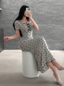 Feyla 女士优雅心形印花蝴蝶结装饰长裙，夏季 - 灰色 - 查看 8