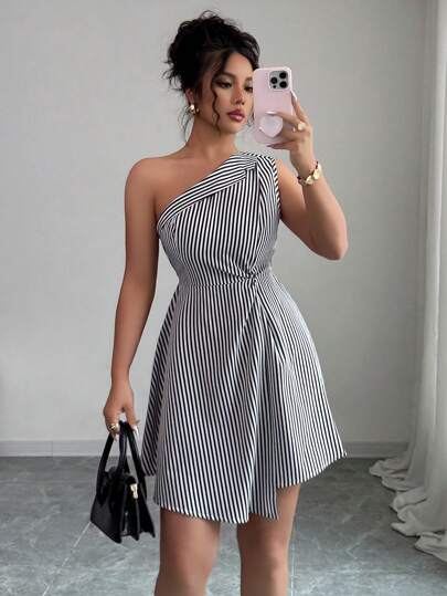 Elenzga Vestido para mujer con cuello asimétrico a rayas, cintura fruncida y bajo asimétrico