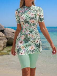 Swim Mulvari 2pcs Spring/Summer New Tropical Plant Floral Print Drawstring Swimsuit, Including Sleeveless Tank Top And Shorts, Women Beach Vacation Bikini Set