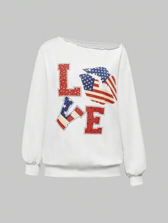 ROMWE Avant Sudadera con estampado asimétrico de hombro de bandera, labios y la palabra "LOVE", ideal para graduación, regreso a la escuela, maestros