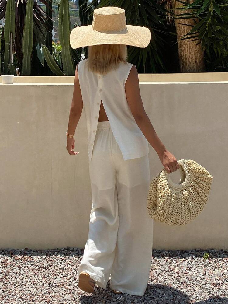 2pcs Women's Sequin Patchwork Sleeveless Round Neck Vest And Wide Leg Pants Set, Vacation Wear