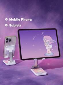 Pop Mart Azura X SHEIN 卡通图案可调节折叠手机支架，兼容手机和平板电脑，带防滑底座和便捷充电接口。耐用的手机底座带有保护垫 - 白色 - 查看 2