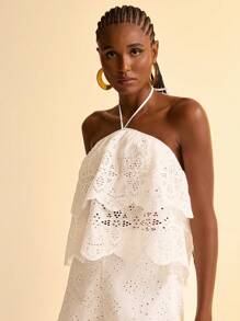 CAJUNI Camicetta estiva casual bianca da donna, a trama intrecciata ricamata, semi-trasparente, con collo alla halter e orlo a balze, adatta per spiaggia e resort