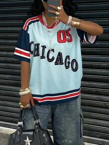 SHEIN CURVE+ 大码夏季时尚拼色字母印花 T 恤 - 彩色 - 查看 1