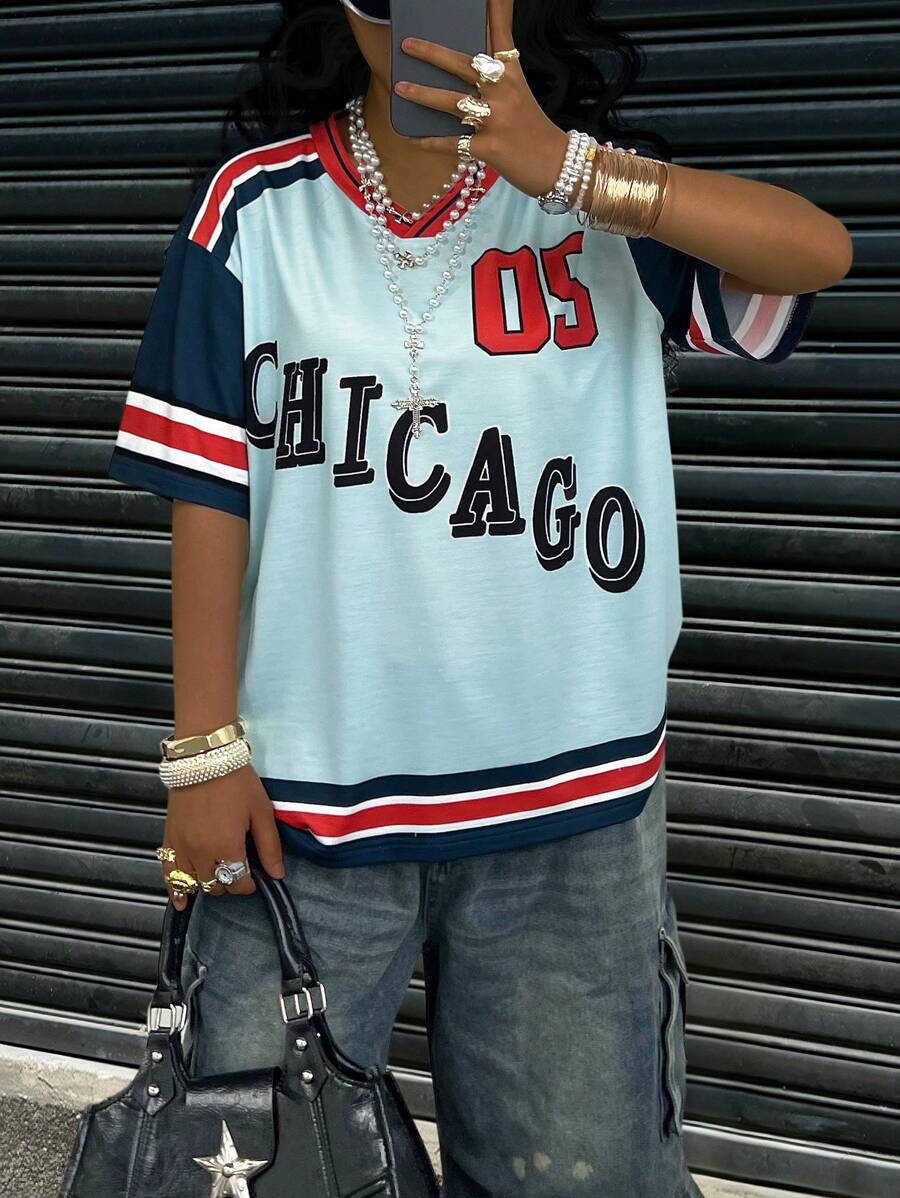 SHEIN CURVE+ 大码夏季时尚拼色字母印花 T 恤 - 彩色 - 查看 1