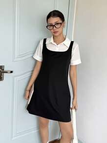 SHEIN Vestido mini para chicas adolescentes, ajustado, casual, simple y cómodo con cuello cuadrado y sin mangas - Negro - Ver 5