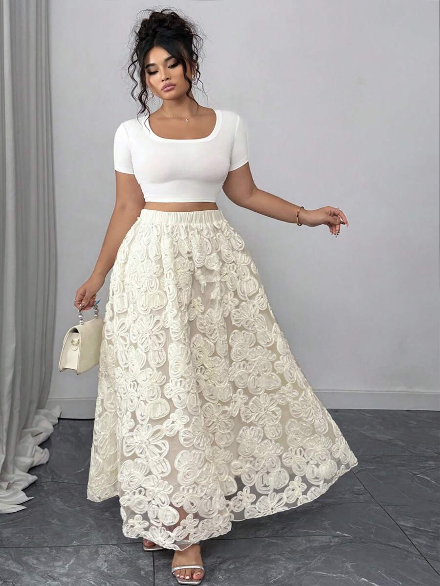 Elenzga 大码女式法式复古 3D 花朵装饰高腰 A 字裙，百搭修身蓬蓬裙 - 杏色 - 查看 1