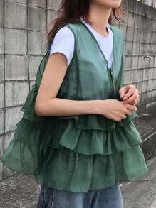 FRIFUL 女士纯色绿色荷叶边多层宽松休闲百搭衬衫，女士海滩度假服装