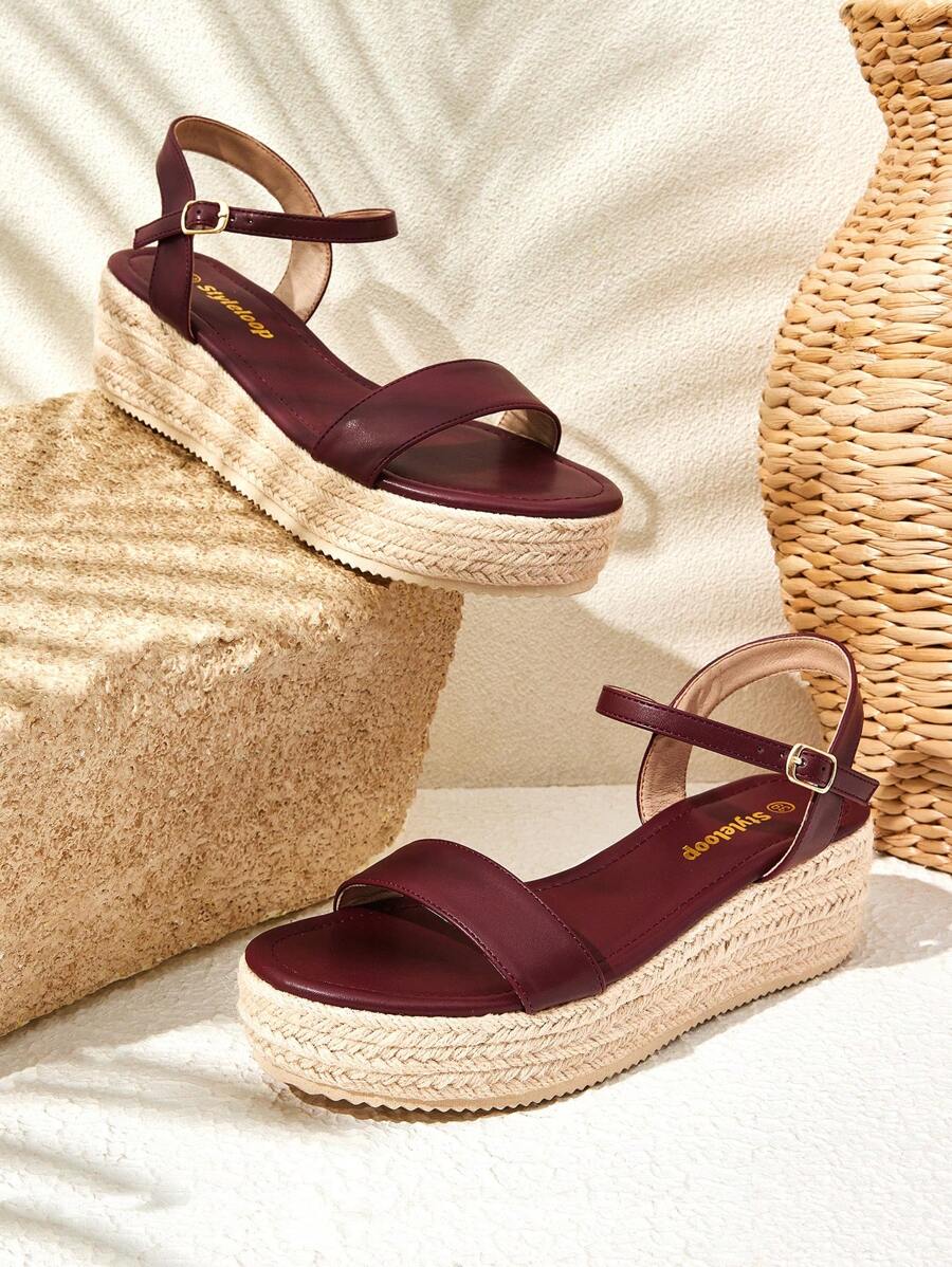 Styleloop Sandalias con cuña de suela de lona con cordones, diseño minimalista y práctico multifuncional - Burdeos - Ver 1