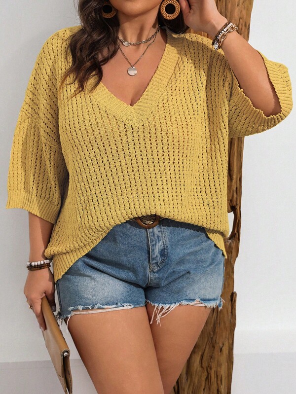 Franclia Loose Solid Color Hollow Out Plus Size Pullover Sweater Woman S Summer Clothes Women S Summer Shirts Women S Clothes Yellow Blouse Women Summer Sets