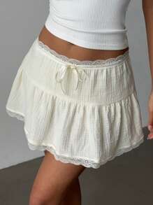 Aloruh Damen einfarbiger Kontrastspitze Schleife Verzierung Rüschen Saum kurzer Rock