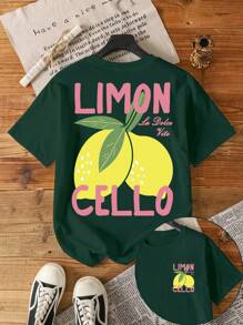 Camiseta de manga corta de cuello redondo con estampado de limones para mujeres de talla grande - Verde militar - Ver 1