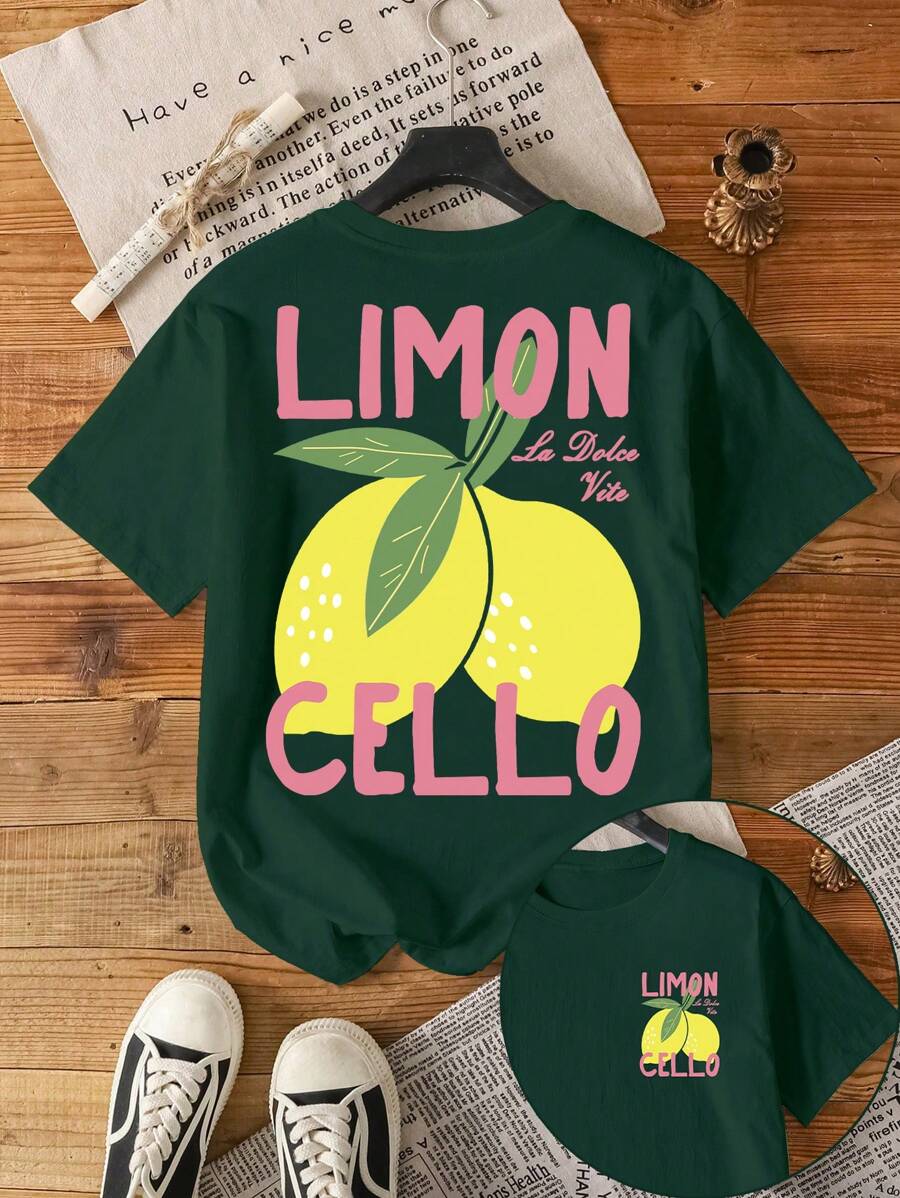 Camiseta de manga corta de cuello redondo con estampado de limones para mujeres de talla grande - Verde militar - Ver 1