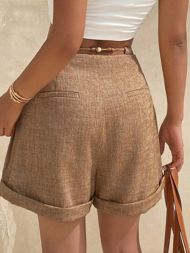 Women's Solid Color Loose Beaded Waist Cuffed Hem Casual Vacation Summer Shorts Linen