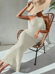 Breezaya Women's Vacation Solid Color Bodycon Halter Knit Dress - White - View 7