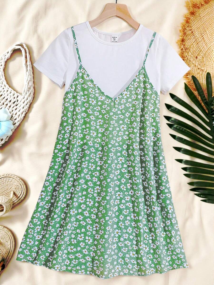 SHEIN Teen Girl Green Ditsy Floral Loose Cami Dress & T-Shirt Casual Holiday Outfits, 2pcs/Set Holiday Outfits - Green - View 1