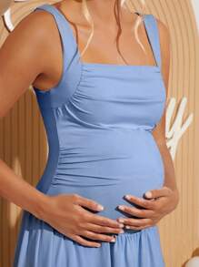 Loomaby Vestido de maternidad de unicolor, cuello de pico simple y sin mangas para uso diario