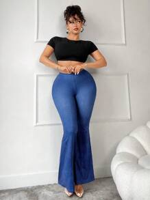 SHEIN PETITE CURVE 牛仔效果修身性感提臀喇叭裤，后腰收紧