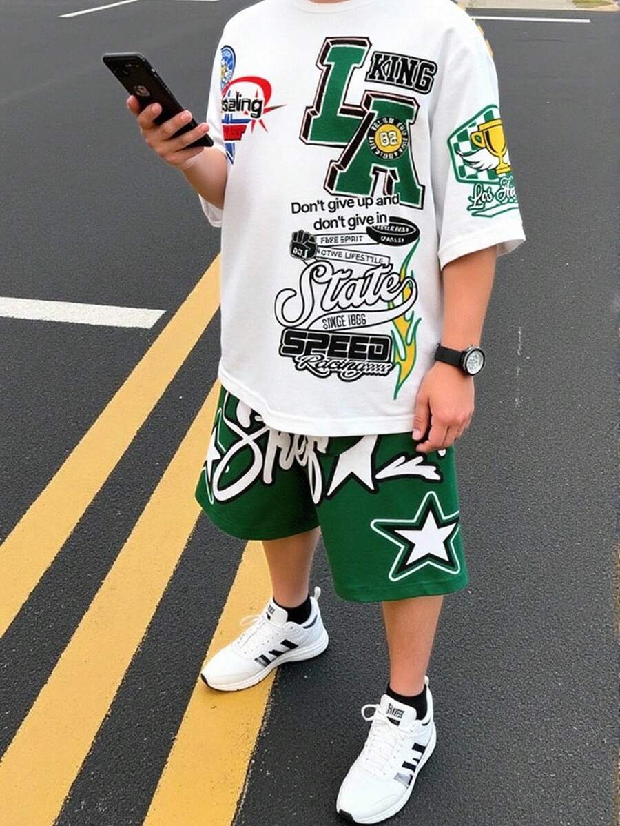 SHEIN 两件套男童休闲简约字母印花短袖圆领套装,适合夏季、街头风、日常穿着、上学、旅行和运动。 - 彩色 - 查看 1
