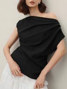 EMERY ROSE Blusa de viaje elegante de mujer con volantes en los hombros y color liso - Negro - Ver 3