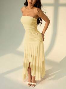 SHEIN PETITE 女士不对称下摆荷叶边露肩连衣裙，适合约会和婚礼季节，女士夏季连衣裙 - 黃色 - 查看 7