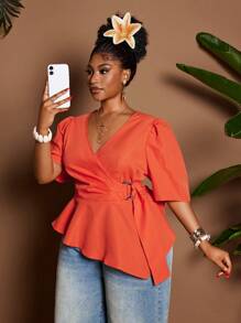 Maweii Plus Size Solid Color V-Neck Cross Wrap Elegant Short Sleeve Blouse - Orange - View 2