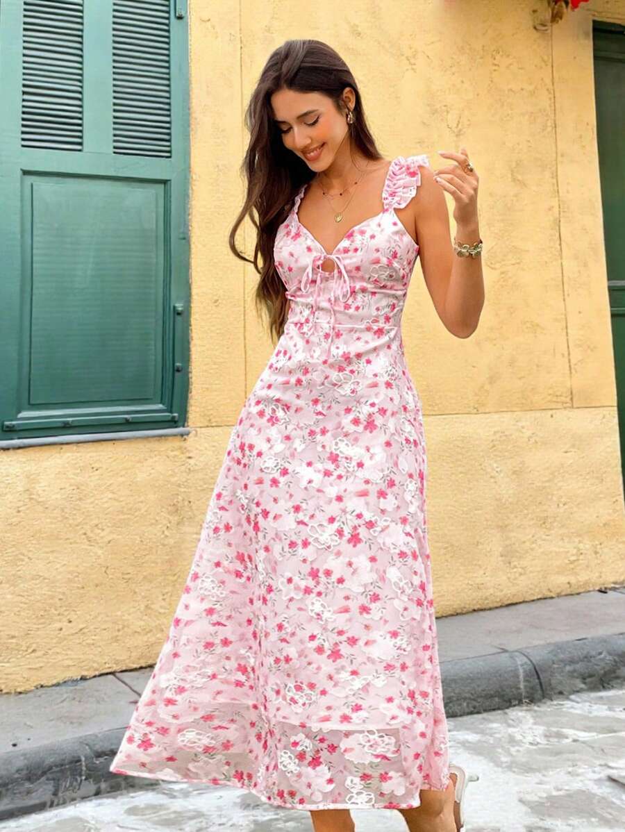 SHEIN VCAY 女式花卉印花露背长款夏季休闲连衣裙，度假风格，梭织图案印花，女士休闲夏季度假装，波西米亚海滩度假装，波西米亚风，乡村音乐会装，节日庆典装，女士海滩装，女士夏季装，女士复古风，毕业装，夏季太阳裙，女士生日礼服 - 彩色 - 查看 1
