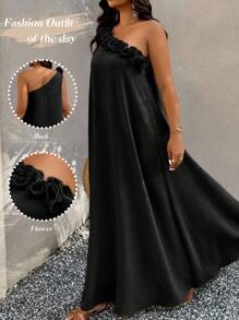 SHEIN Clasi Vestido elegante sin mangas con diseño de volantes de unicolor para mujer de talla grande - Negro - Ver 1