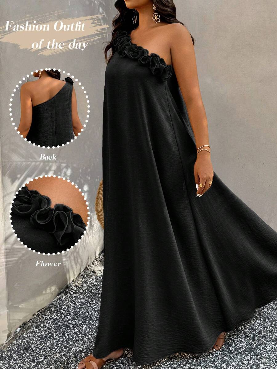 SHEIN Clasi Vestido elegante sin mangas con diseño de volantes de unicolor para mujer de talla grande - Negro - Ver 1