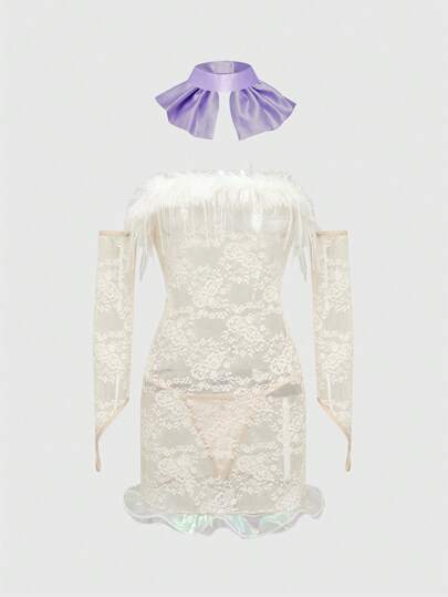 Kawaii Cosplay Seductive Lace & Faux Fur Splicing Satin Bow Wireless Sexy Nightgown Set