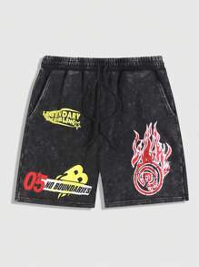 ROMWE MEN Street Life Pantalones cortos para hombre con estampados de copos de nieve, caballos, letras y llamas