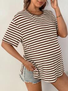 SHEIN Pregnant Women's Summer Striped Crew Neck Short Sleeve Casual T-Shirt