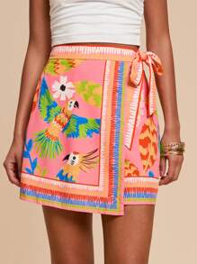 Travachic 女式鹦鹉印花裹身休闲迷你裙，夏季 - 粉色 - 查看 4