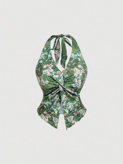 SHEIN MOD 女士油画印花绿色扭纹后背露背休闲度假上衣、春季短款背心、音乐节、西部女装、露背上衣、可爱夏季上衣