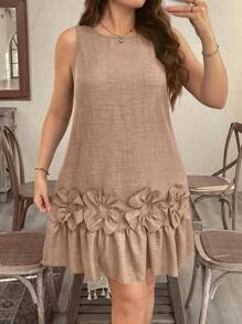 SHEIN LUNE Plus Size Floral 3D Ruffle Hem Straight Dress - Camel - View 3