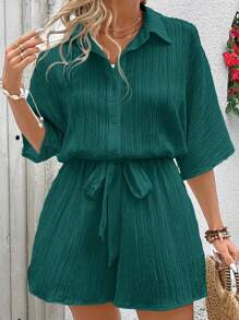 SHEIN VCAY Plus Size Women Solid Color Batwing Sleeve Casual Romper, Summer