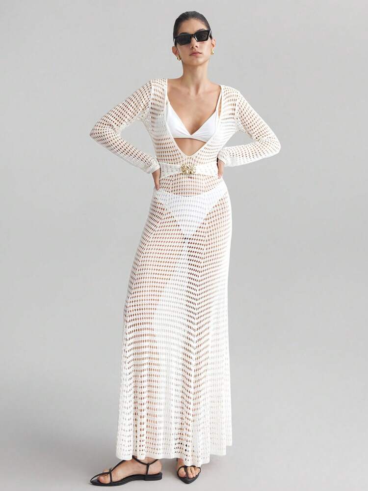 Women White Crochet Knitted Dress,Summer Casual Vacation Holiday Party Beach Wear,Ladies Semi-Sheer Cover-Up,Flared Skirt Female Clothing New Arrival