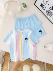 SHEIN Leap Crew 2pcs/Set Baby Boy/Girl Cute Summer Casual Vacation Knit Striped Short Sleeve Top And Elastic Waist Shorts Set - Multicolor - View 6