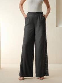 Anewsta Women's New Style Wide-Leg Grey Rhinestone Embellished Pants, Straight Cut - Grey - View 4