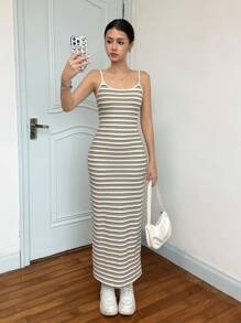 SHEIN 少女休闲简约舒适条纹吊带背心长款修身连衣裙 - 杏色 - 查看 7