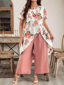 SHEIN Clasi 大码优雅花卉印花不对称下摆衬衫和纯色裤子套装，夏季 - 彩色 - 查看 8