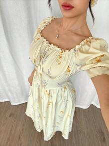 Modelyn Square Neck Digital Print Puff Sleeve Waistline Flared Hem Long Dress For Women - Multicolor - View 3