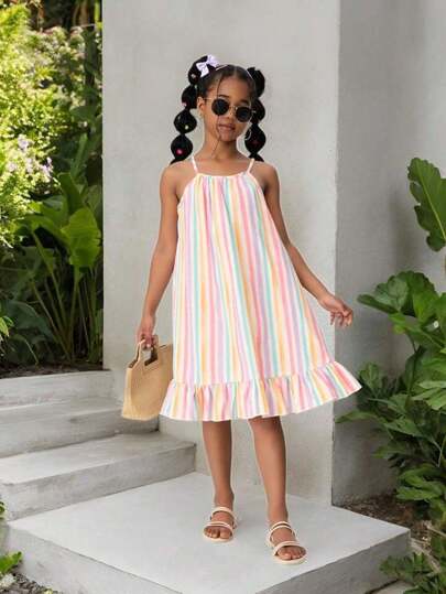 SHEIN Girls Colorful Rainbow Stripe Print Sleeveless Ruffled Hem Casual Vacation Dress, School, Campus, College