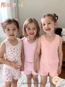 SHEIN 3PCS/Set Young Girl Camisole With Ribbing, Rose And Bow Design, Pink + Solid Color Camisole And Panty Set With Bow, Soft And Comfortable,Summer Travel